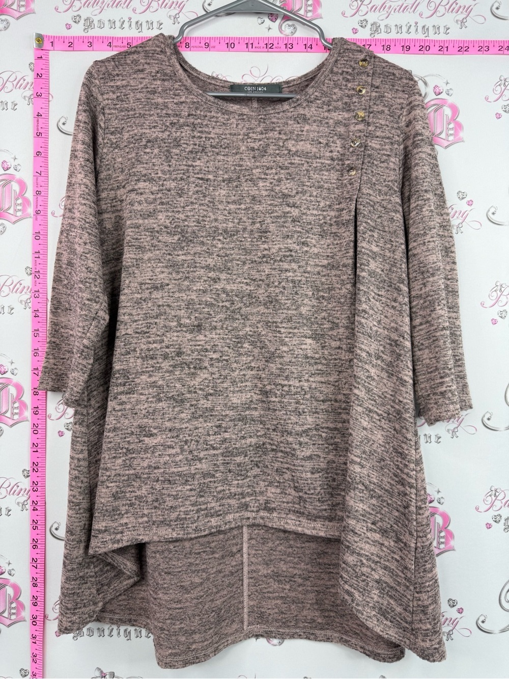 Coin 1804 shirt Pink Heathered Knit Tunic Top with Shoulder Buttons